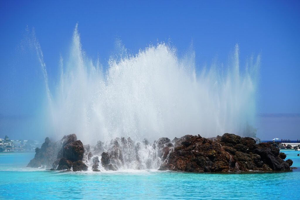 fountain, swimming pool, rocks, water, nature, pool, water feature, outdoor pool, tourism, lago martiánez, puerto de la cruz, tenerife, canary islands, spain