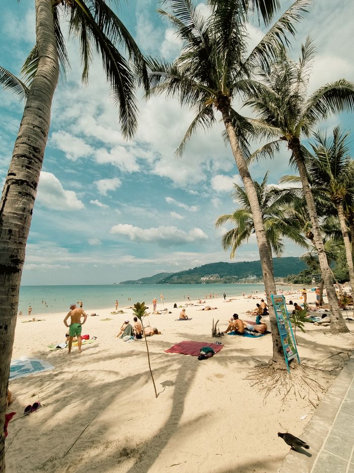 Sunny day at Patong Beach, Phuket, Thailand, featuring palm trees, sand, and relaxing tourists.