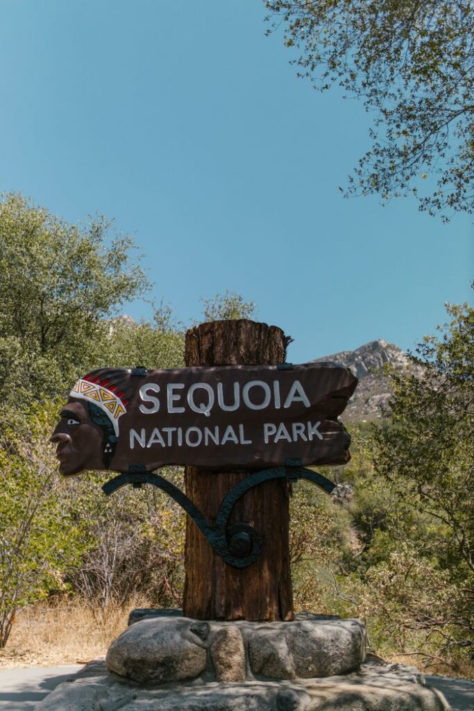 Entrance sign at Sequoia National Park with natural surroundings under clear sky.